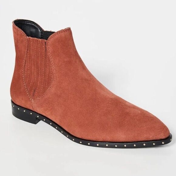 REBECCA‎ MINKOFF Rust Red Leather Chelsea Boot Ankle Bootie Studded Size 7 New - Picture 1 of 11